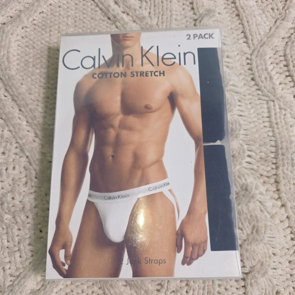 Calvin Klein 2 PACK Jock Straps Black Cotton Stretch Mens Large‎ NIB
